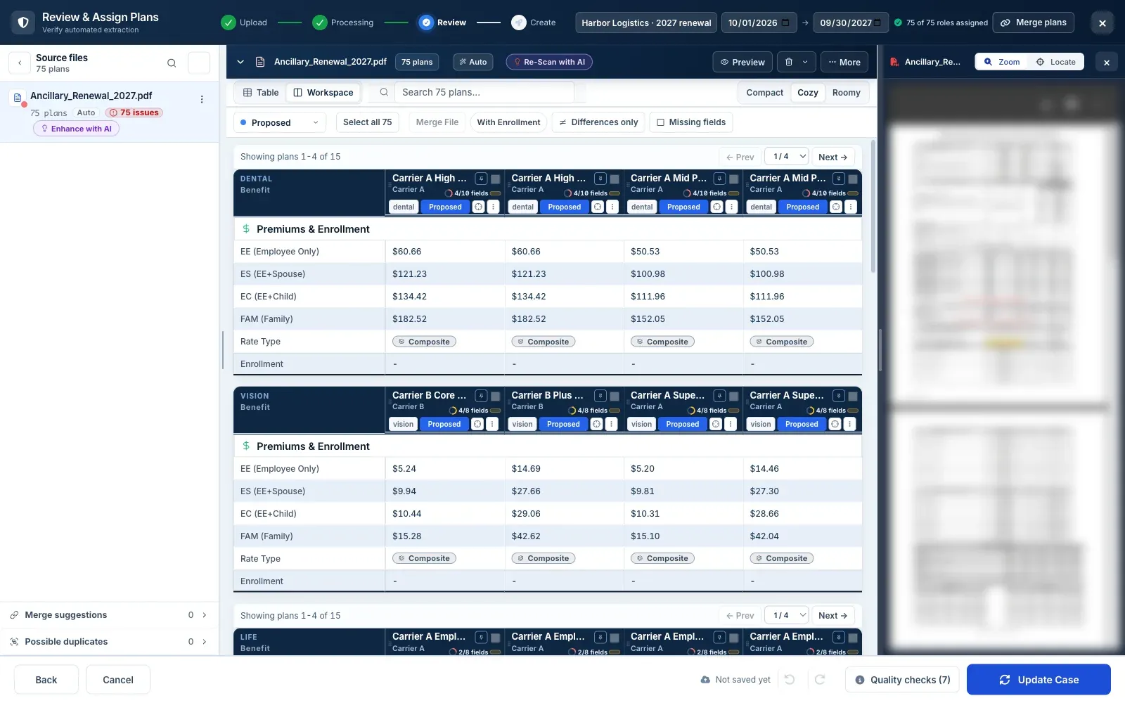 Planlined's review screen with parsed dental and vision plans beside the carrier document they came from
