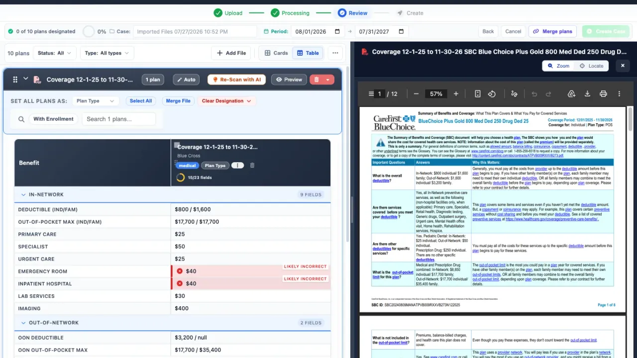 Planlined document review workspace showing plan data beside a carrier source document