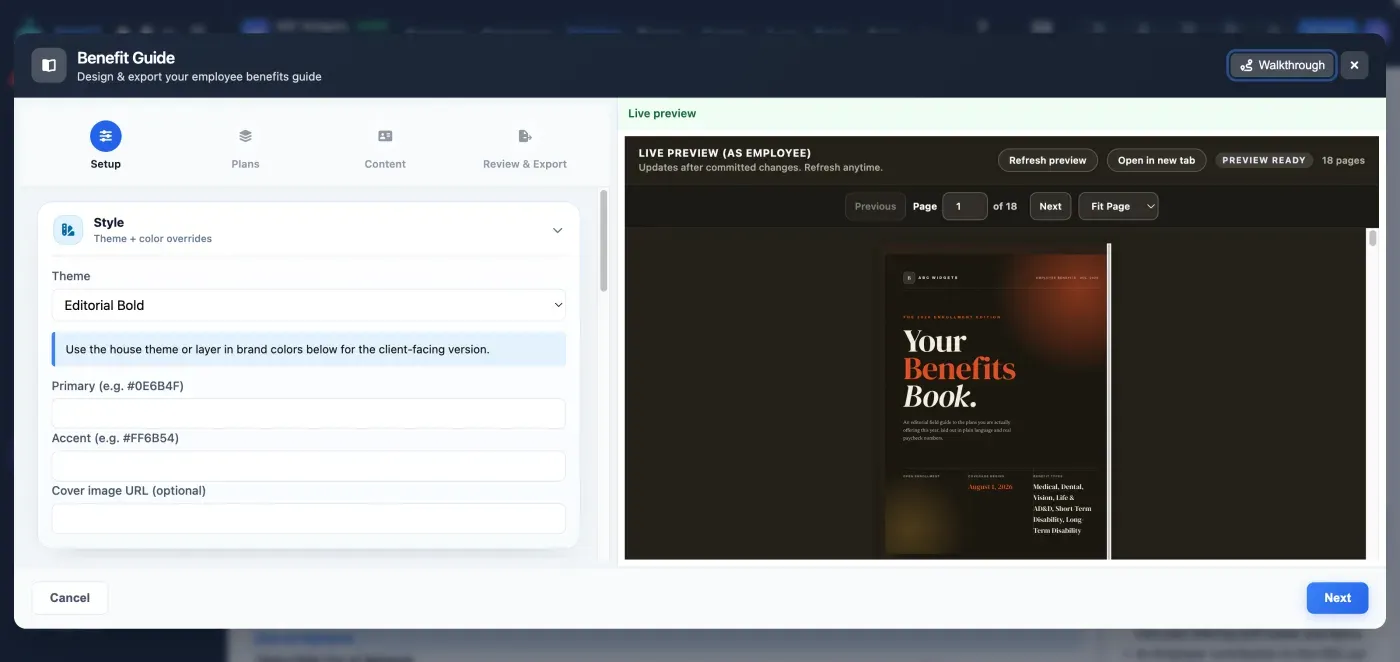 The Planlined benefit guide builder: setup and style controls on the left, live employee preview on the right