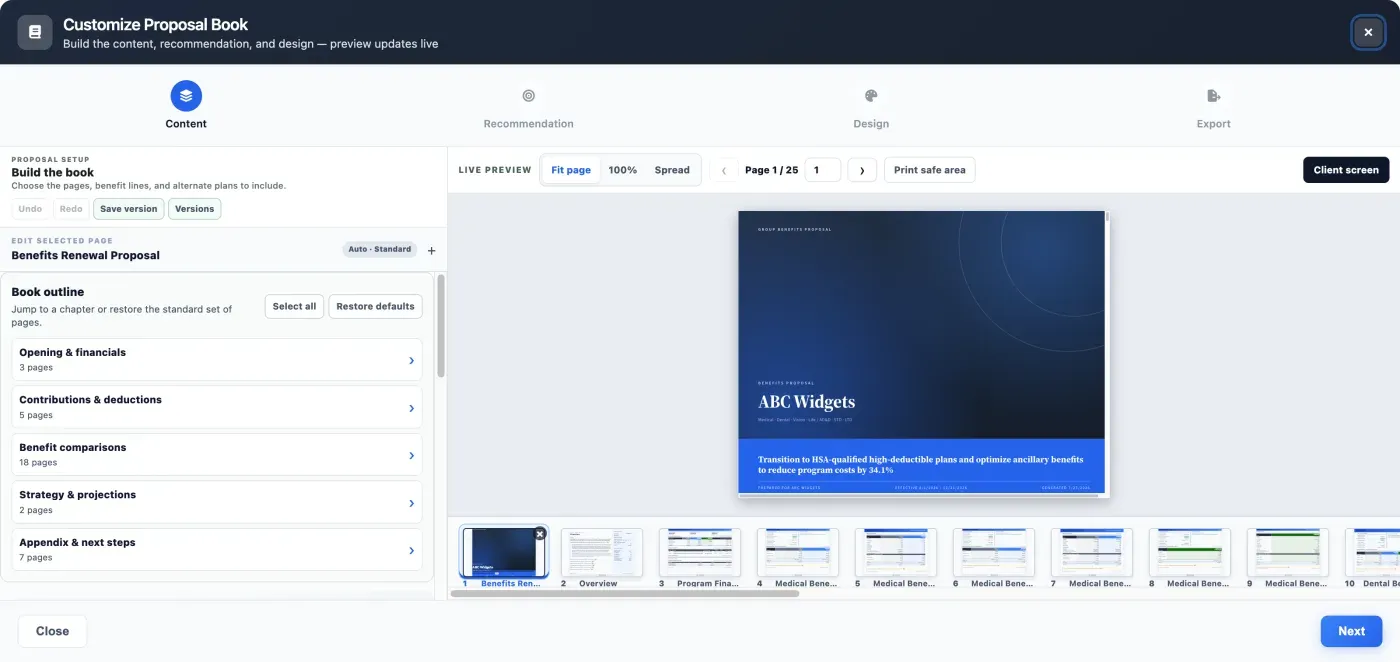 The Planlined proposal book builder: chapter outline on the left, live page preview and page thumbnails on the right