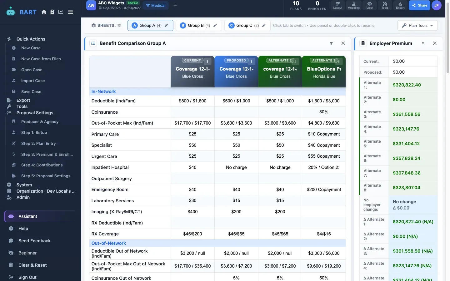 Planlined comparison dashboard showing ten plans across three benefit groups with a full benefit grid and an employer premium panel listing annual costs for the quoted plans
