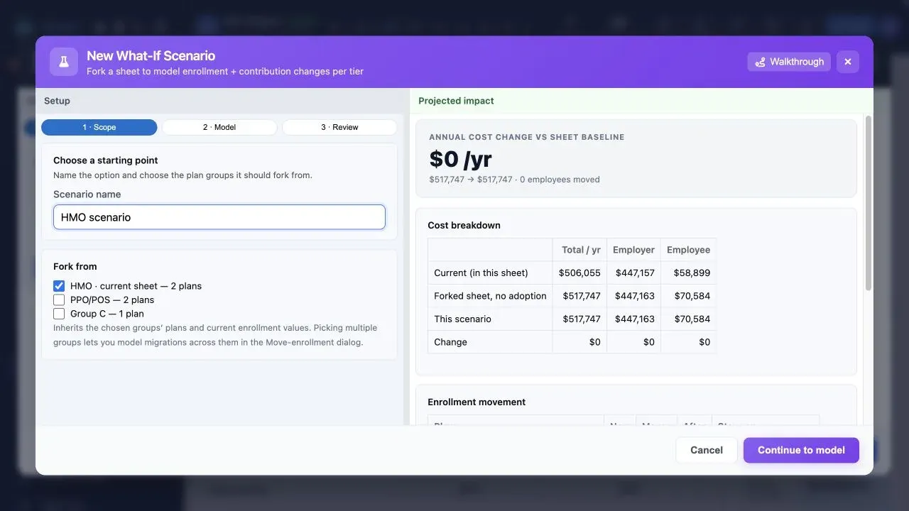 Planlined Scenario Manager showing a working scenario beside the original case